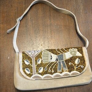 Cream and Brown Shoulder Bag with Intricate Design and Adjustable Strap